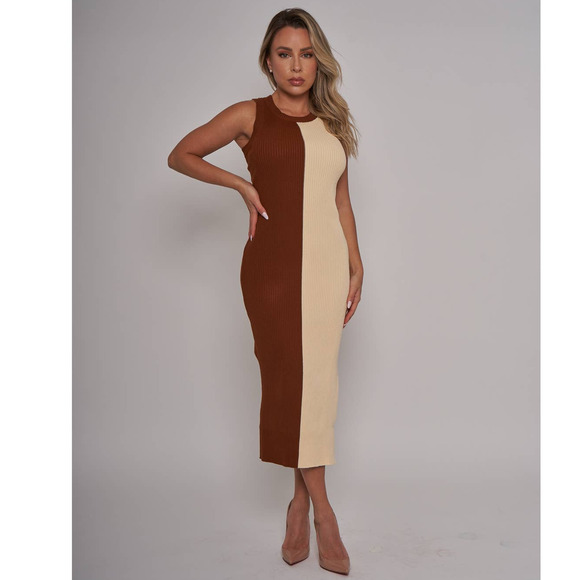 NWT Cream Brown Ribbed Knit Fall Midi Dress - S - Picture 3 of 5